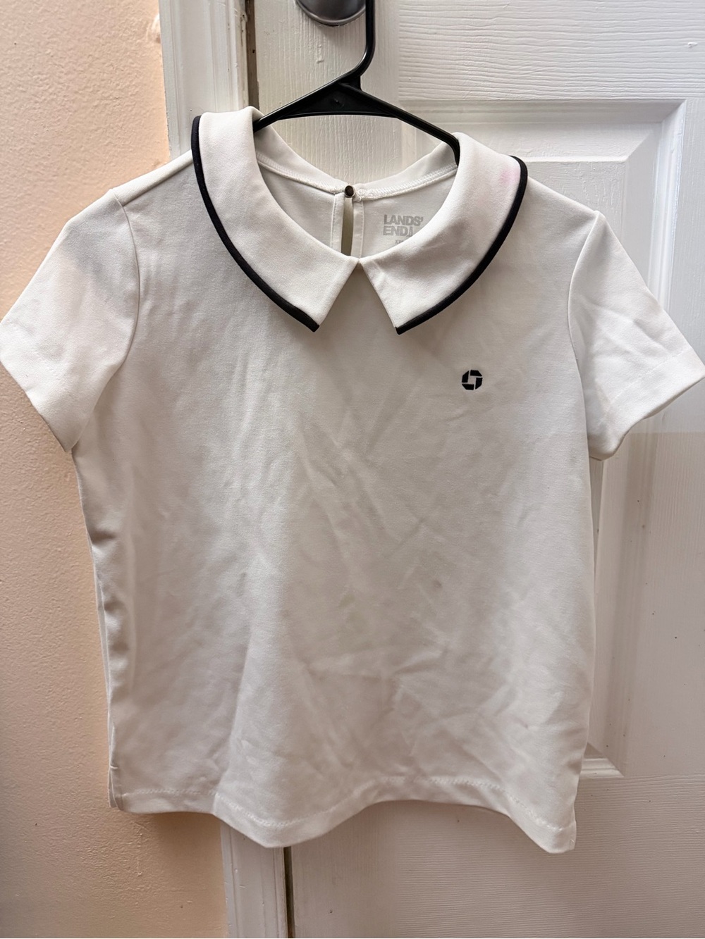 Chase Bank Logo Lands' End White Polo Top with Black Trim Collar